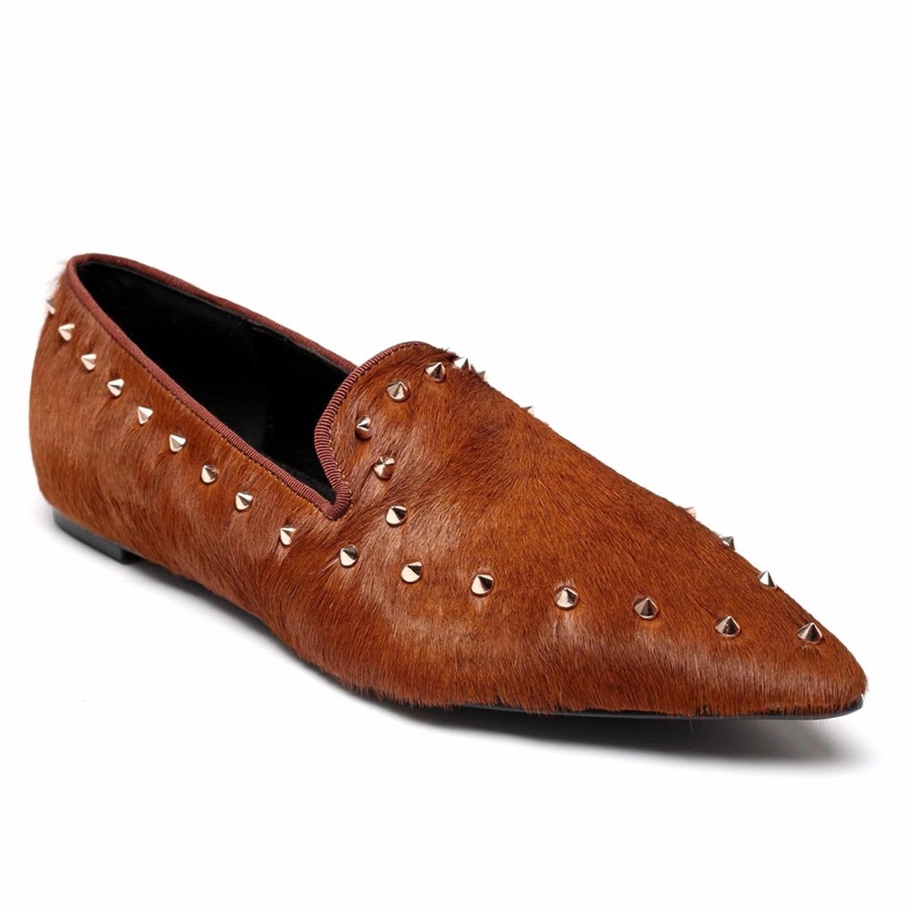 🆕Vincenzo  Leather Hair-on Gold-Studded Flats 8